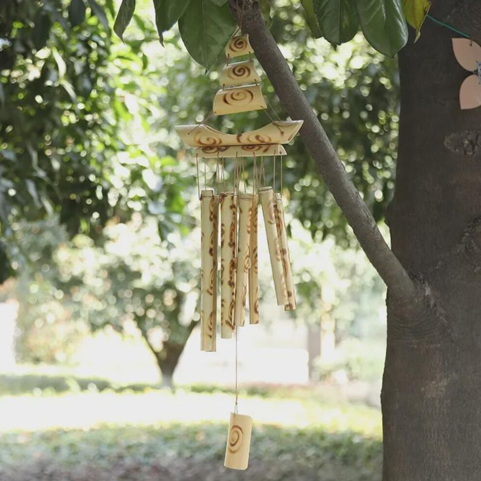 (Caramel Color) "chinese Style Bamboo Sailboat Wind Chime For Home And Balcony Decor