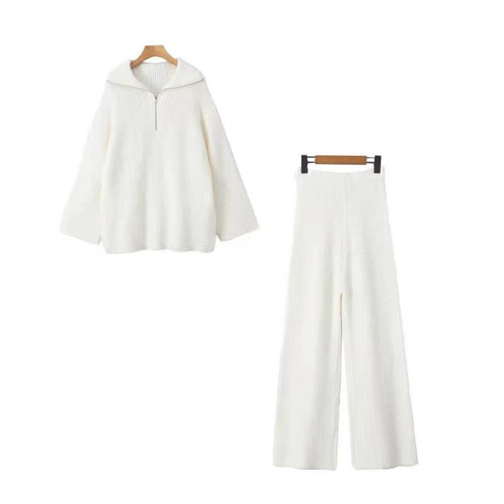 (off-white, One Size) "women's Knit Two-piece Set: Lazy Style Loose Sweater & High-waist Wide-leg Pants