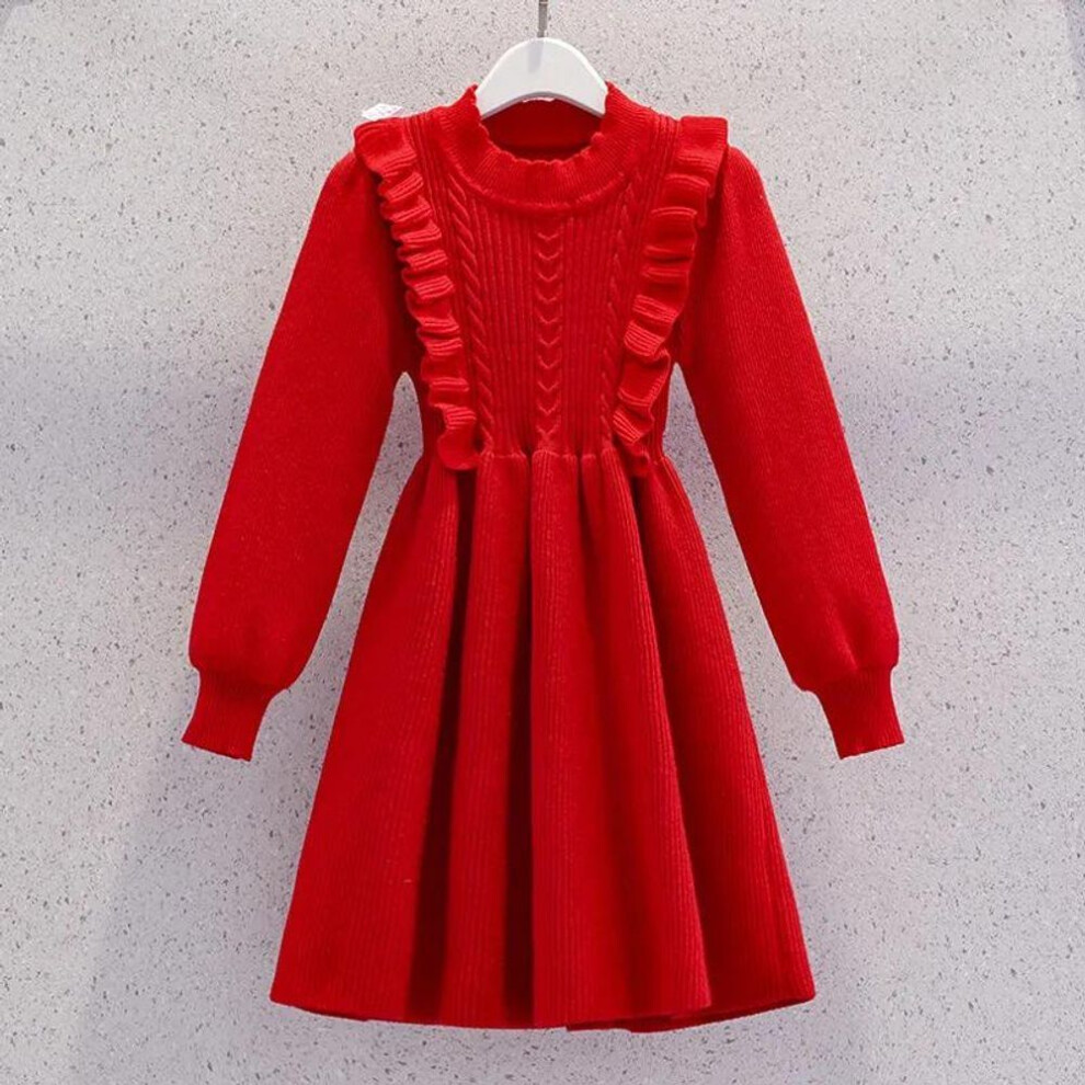 (red, 160cm) "elegant Long-sleeve Knitted Sweater Dress For Girls - Perfect For Autumn And Winter