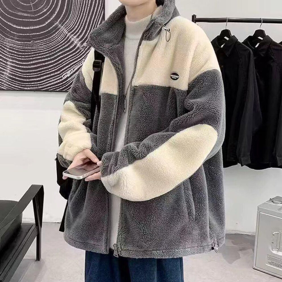 (off-white, XL) Men's Contrast Color Lamb Wool Jacket: Winter Cotton Coat, Trendy Hong Kong Brand, Street Style.