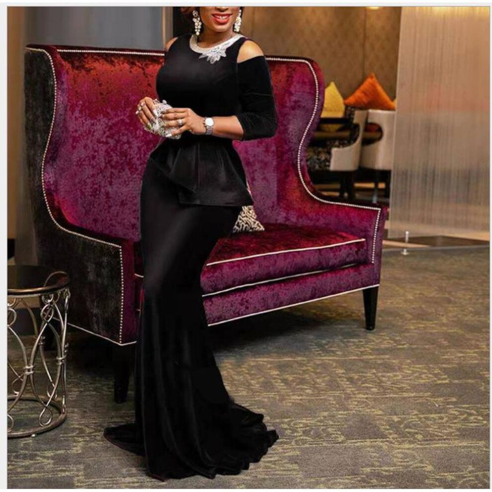 (black, Small) European & American Gold Velvet Embroidered Off-shoulder Fishtail Dress - Spring/summer 2025 Collection.