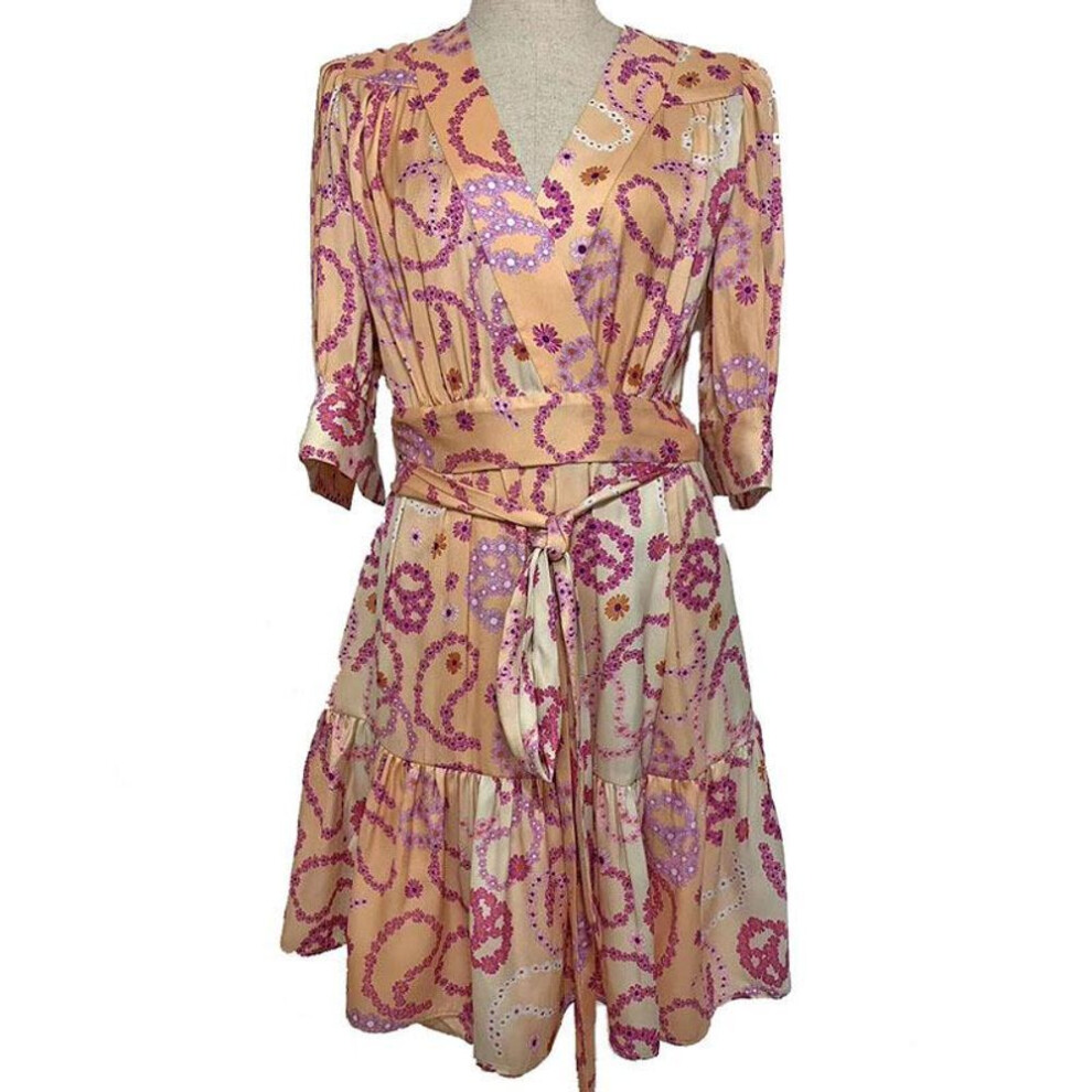 (pink, M) Elegant Pink French Puff Sleeve Wrap Dress
