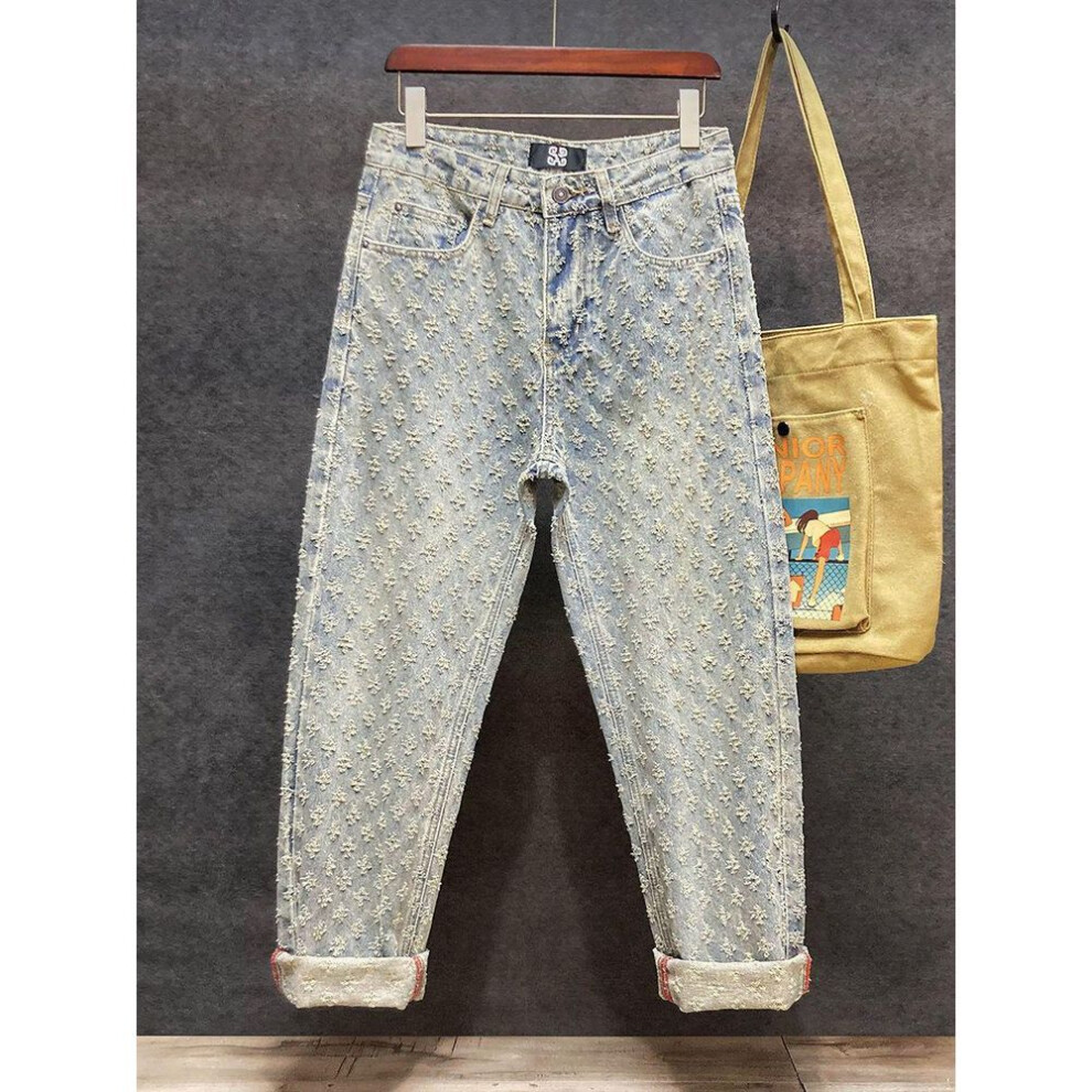 (light blue, 29) Designer Men's Spring/Summer Trendy Ripped Retro Wide-Leg Jacquard Jeans