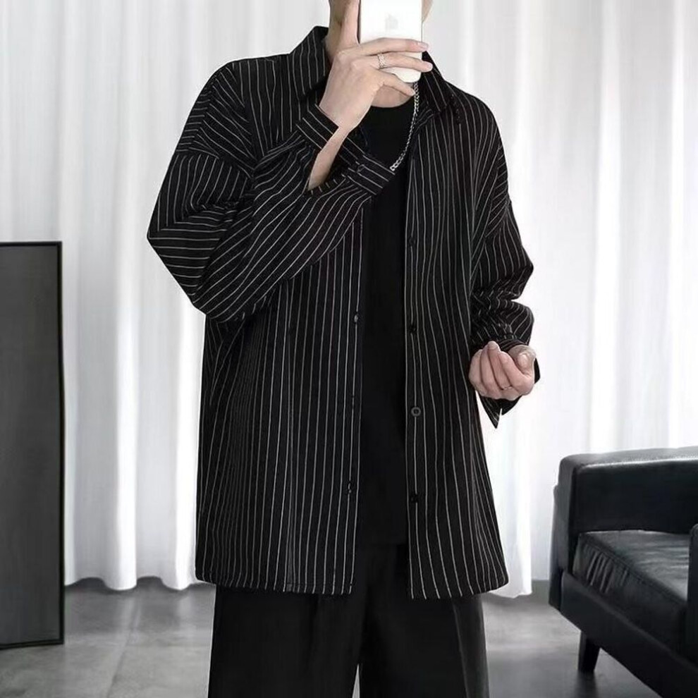 (black, 2XL) "2024 Men's Korean Style Vertical Striped Long Sleeve Shirt - Spring/autumn, High-end, Slightly Elastic, Casual