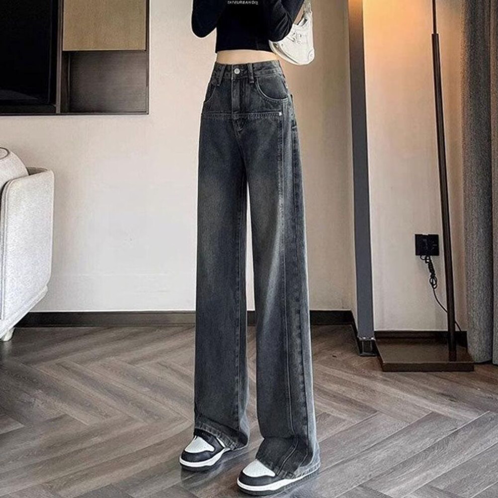 (M) Pear-shaped High-waist Wide-leg Jeans For Women - Cement Gray, Washed, Nostalgic Style, Floor-length.