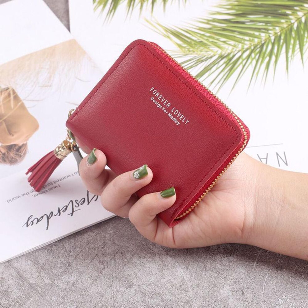 (wine red) Mini Star Tassel Wallet for Women - Cute Korean-Style Zipper Coin Purse & Card Holder