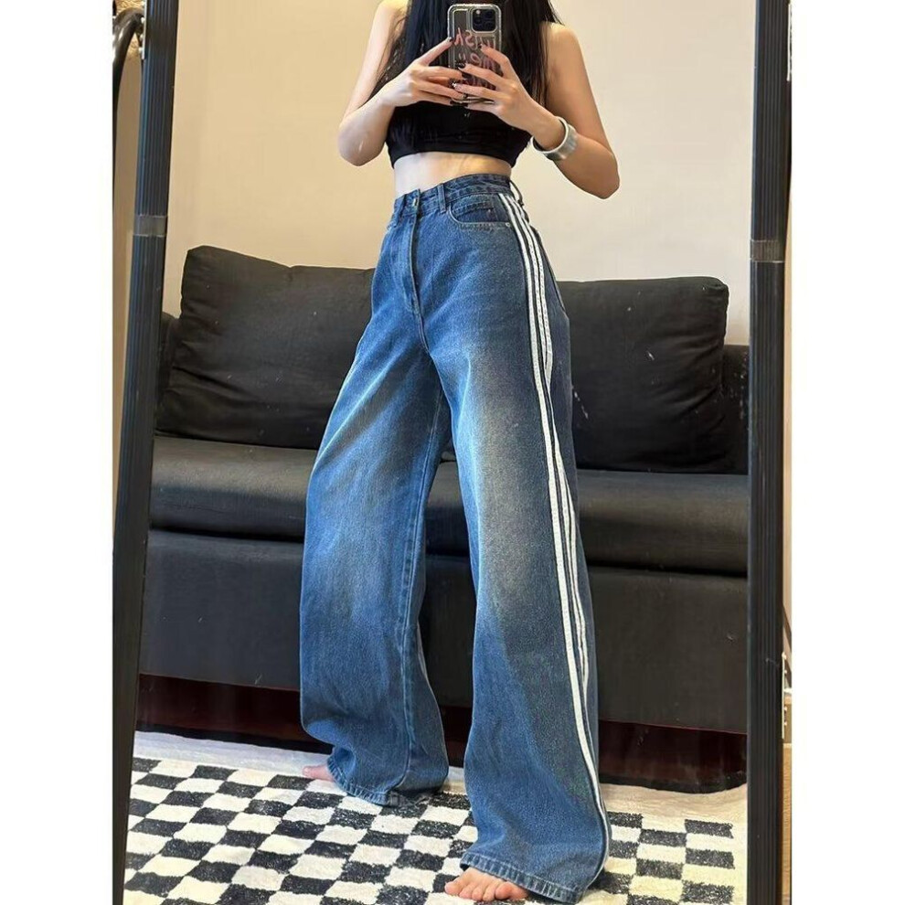 (blue, S) 2024 Women's Blue Washed Distressed Retro Jeans with Three-Bar Stripes, Large-Size Straight Trousers for Autumn and Winter.