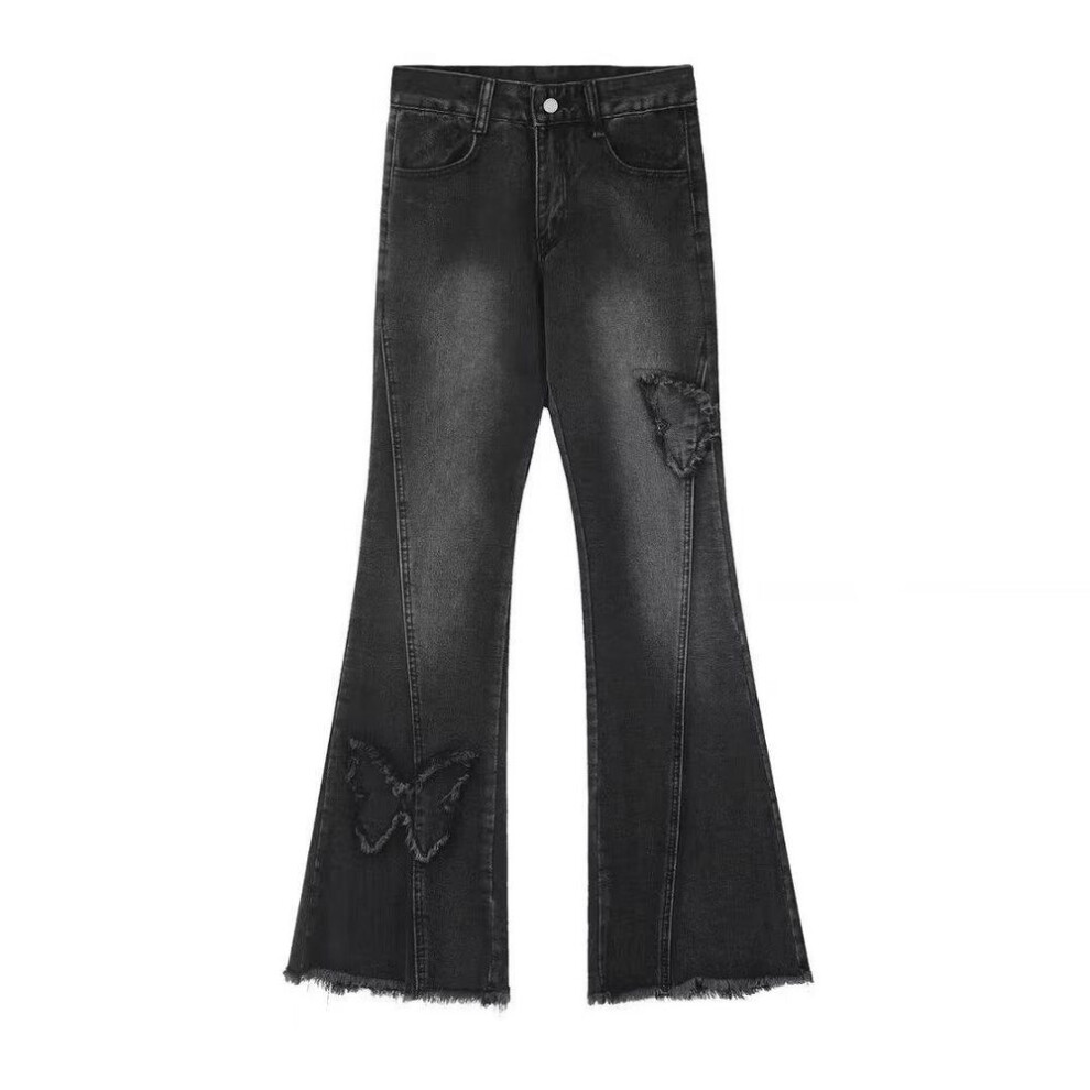 (black gray, M) "2024 High-waisted Butterfly Flared Jeans For Plus-size Women