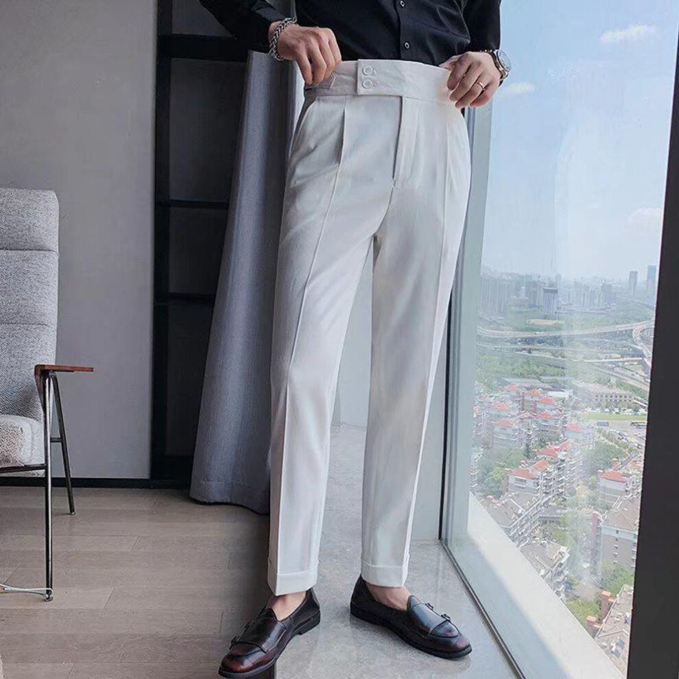 (white, 31) Men's Slim High-waisted Business Trousers - Solid Color Straight Fit