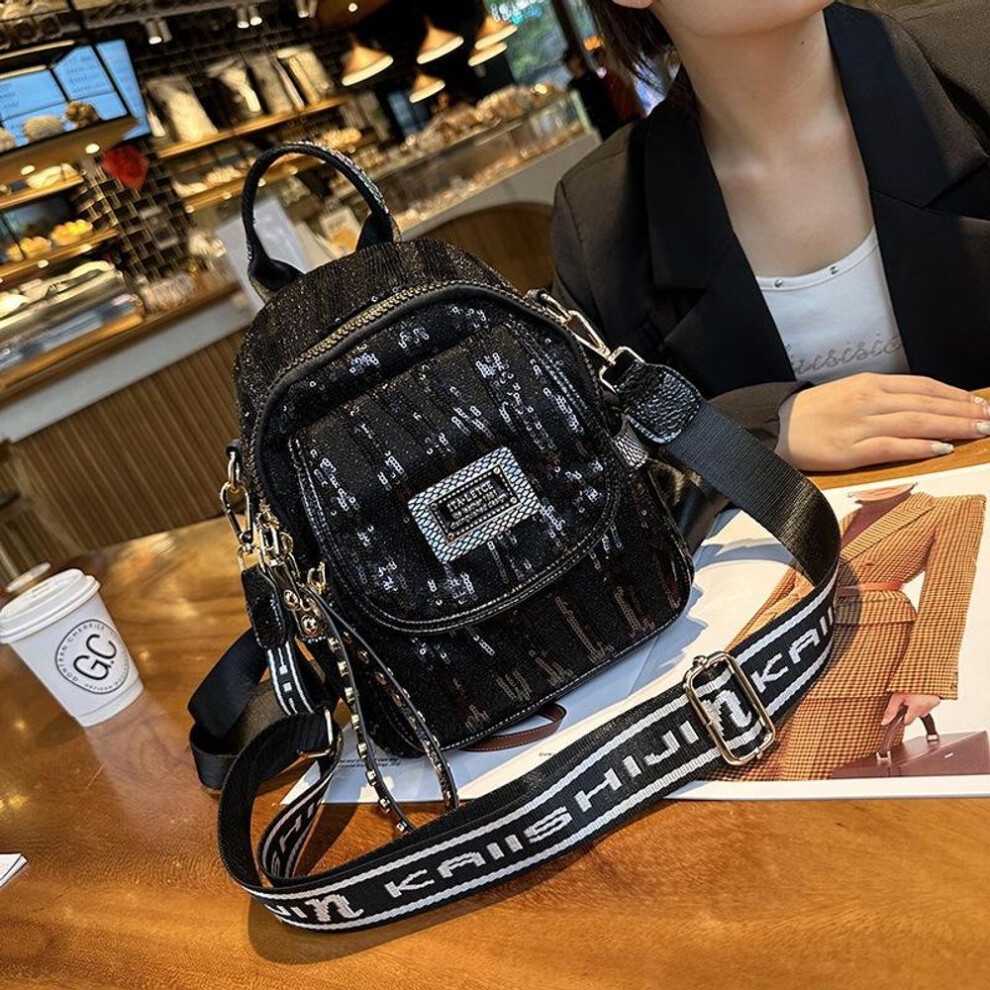 (black) Western-style Sequined Backpack: 2023 Fashionable High-end Genuine Leather Small Bag, Versatile & Trendy Ladies' Niche Backpack.