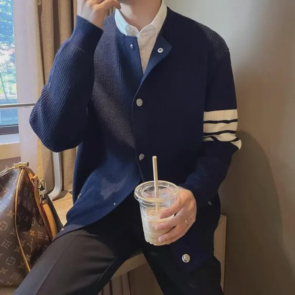 (navy blue, XXL) Men's Korean Casual Round Neck Button Cardigan Sweater - Autumn/winter Fashion With Four-bar Design