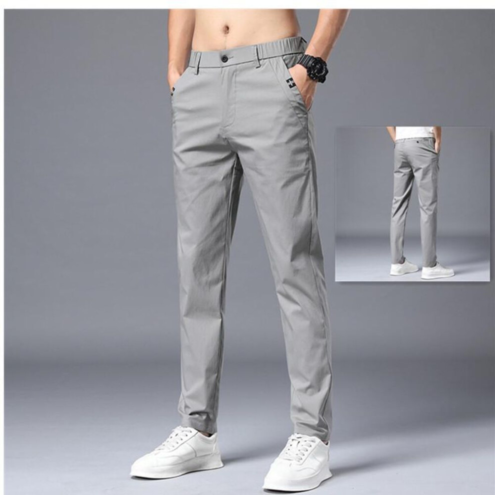 (gray, 38 (200 lb)) Korean Youth Ice Silk Slim Casual Trousers - Versatile, Fashionable, Breathable, With Elastic Waist.