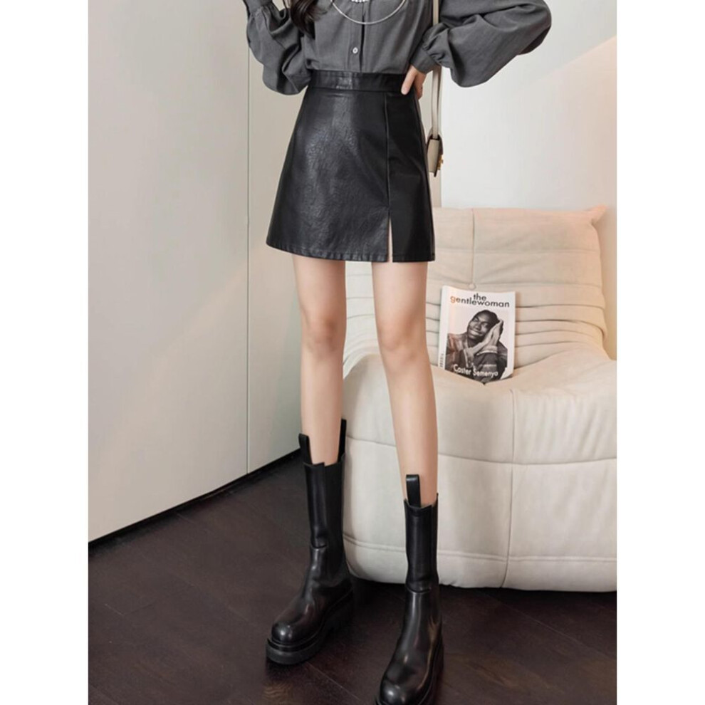 (black, 3XL) "2023 Autumn/winter Women's High-waist Slim Pu Leather A-line Skirt - Stylish Korean Hip Design