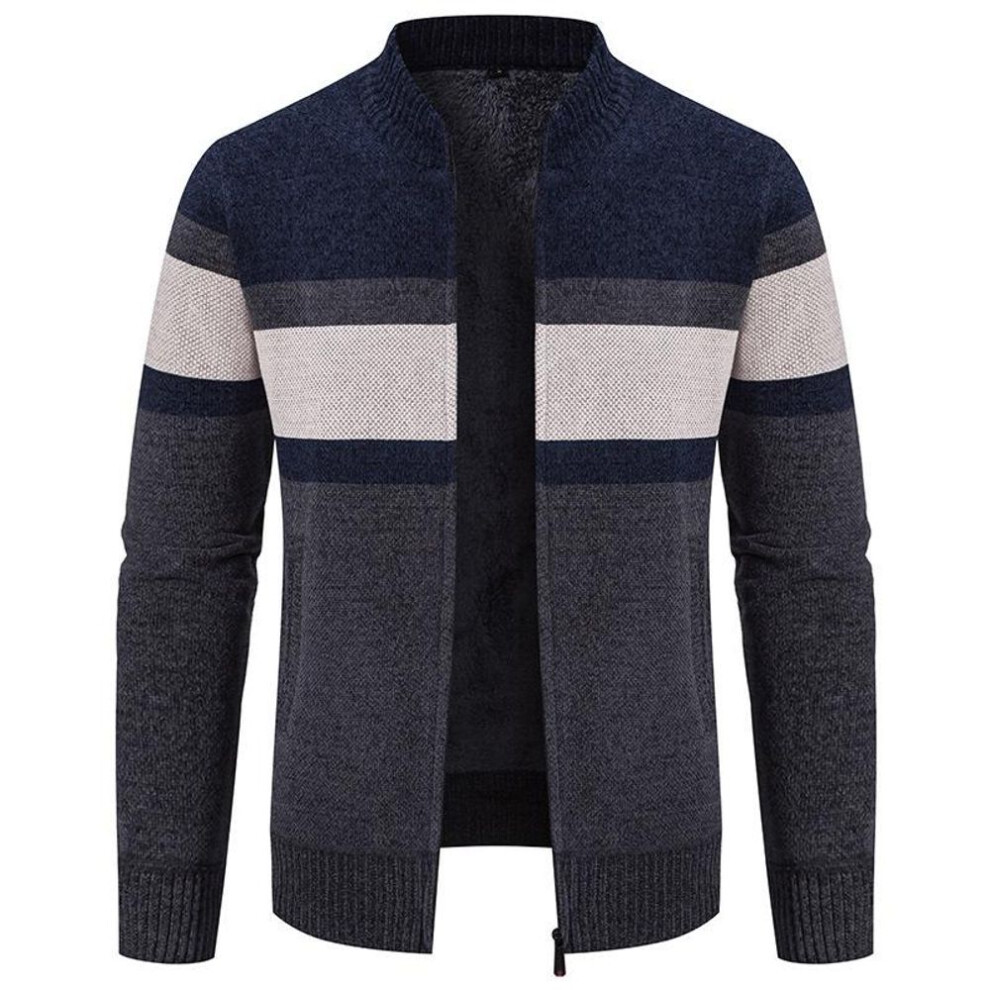 (navy blue, L) "Middle-Aged & Elderly Color-Block Stand-Up Collar Knitted Sweater Cardigan with Plus Velvet