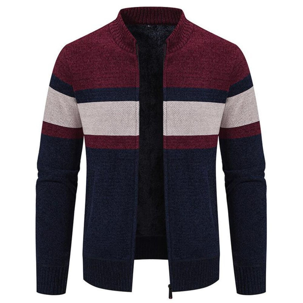 (wine red, M) "Middle-Aged & Elderly Color-Block Stand-Up Collar Knitted Sweater Cardigan with Plus Velvet