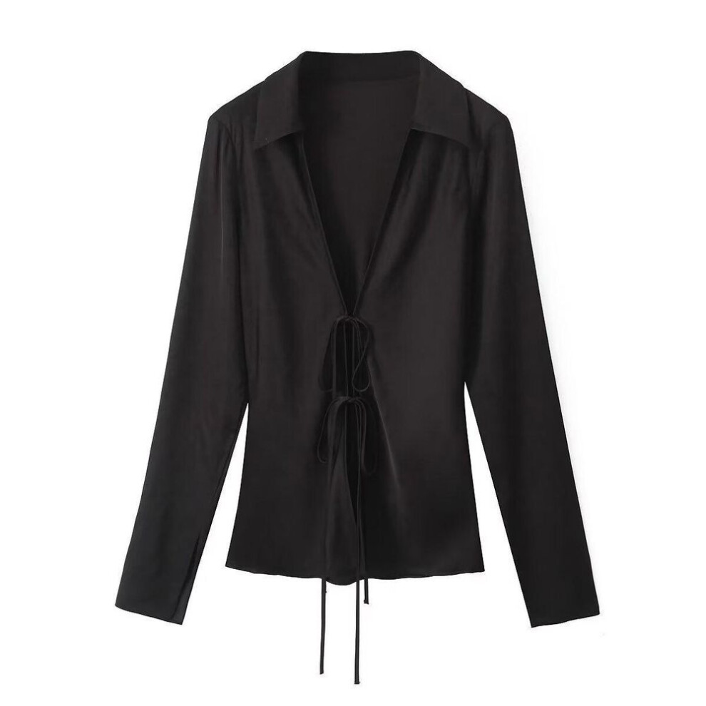 (black, XS) 2024 Women's Spring Satin Shirt with Bow Detail, Long Sleeve