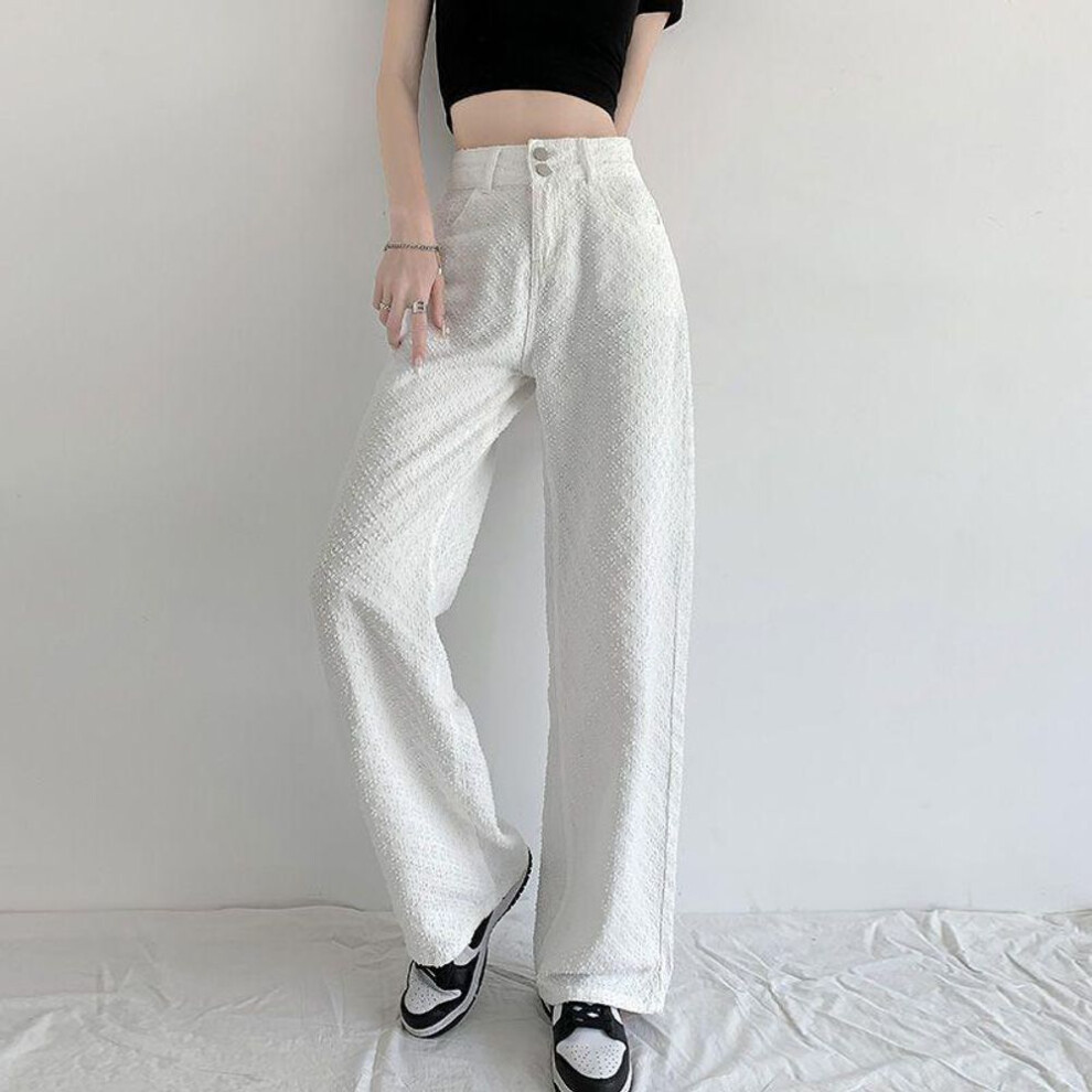 (27/M for 90-100 kg) Women's High Waist White Jeans - 2023 Trendy Loose Fit Wide Leg Niche Design