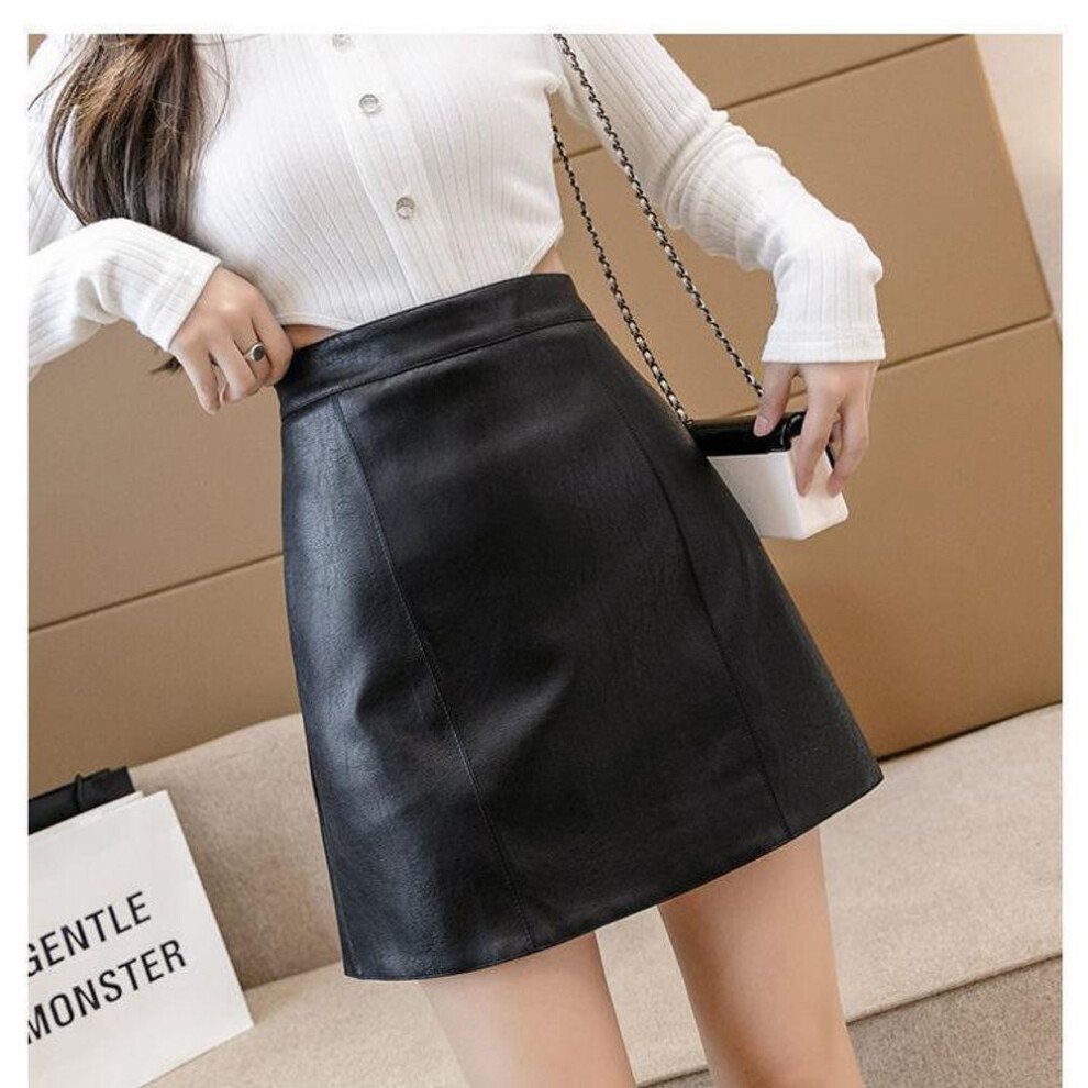 (black, XXL) "black High-waist A-line Leather Skirt For Autumn And Winter - Slim Fit, All-match, Available In Large Sizes