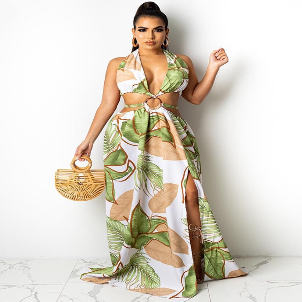 (emerald,green, XXL) 2025 Floral Print Halter Neck Backless Summer Maxi Dress For Women