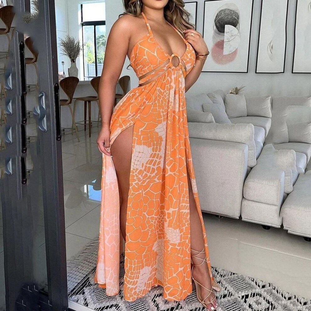 (orange, XXL) 2025 Floral Print Halter Neck Backless Summer Maxi Dress for Women