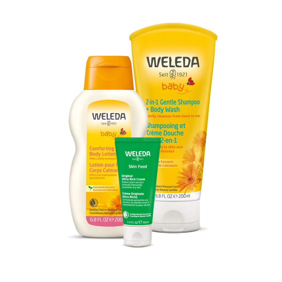 Weleda Baby Calendula 2-in-1 Shampoo, Body Wash, Comforting Lotion & Skin Food - 3-Piece Set - 6.8 Fluid Ounces Each, Vegan, Animal Derived Materials
