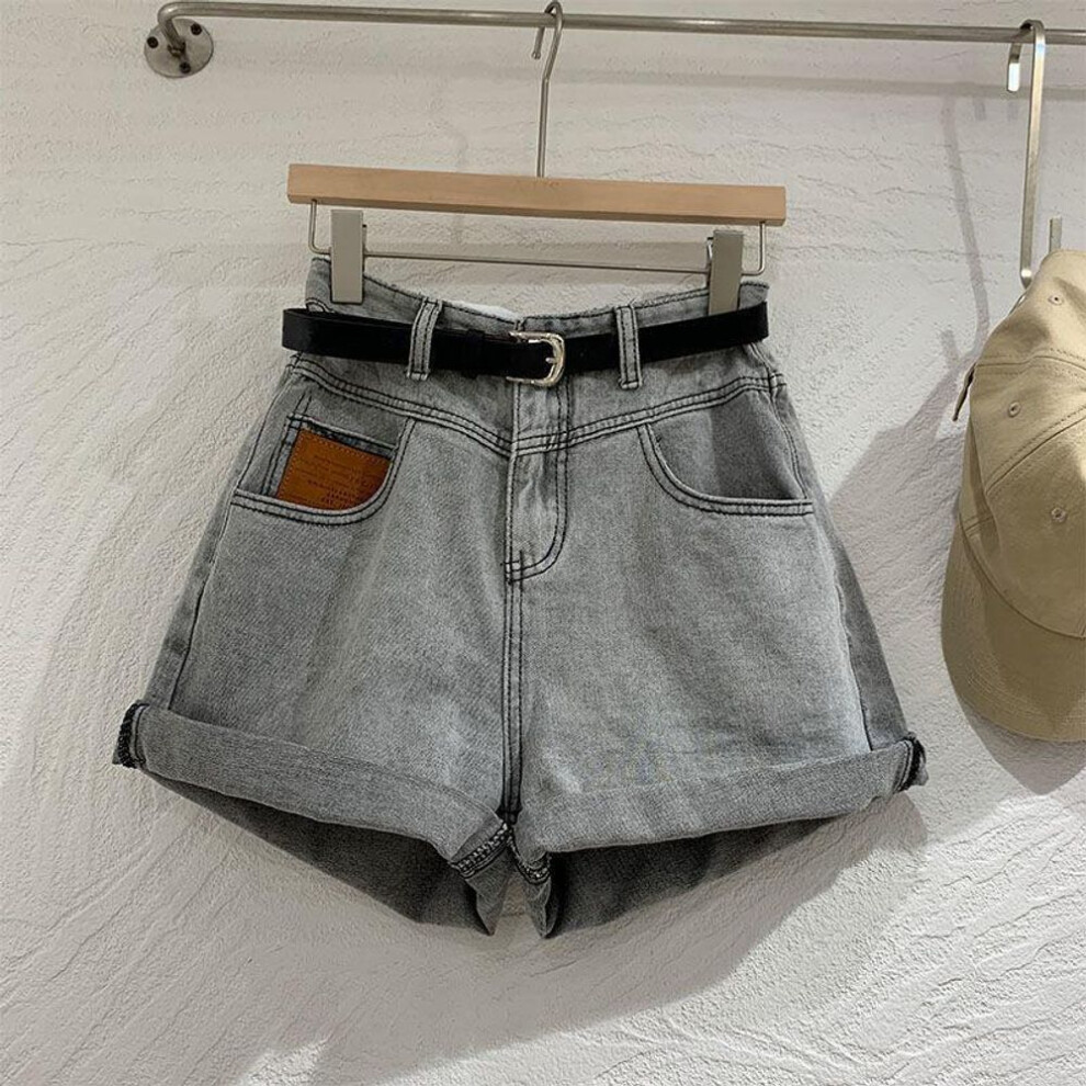 (white,gray, L) Women's Korean White & Gray Denim High-waisted Wide-leg Shorts - Retro Summer 2021 Trend