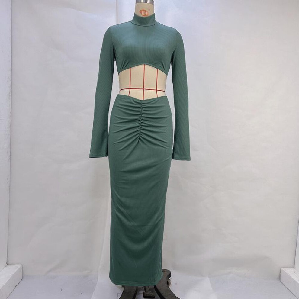 (green, Large) "2024 Fall Women's Solid Color Trumpet Sleeve Crop Top & Pleated Low Waist Long Skirt Suit
