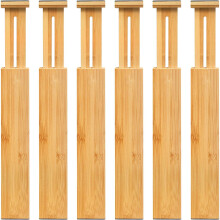 VaeFae Adjustable Bamboo Drawer Dividers, Expandable Drawer Organizer for Kitchen, Bedroom, Bathroom, Dresser and Office, 6-Pack