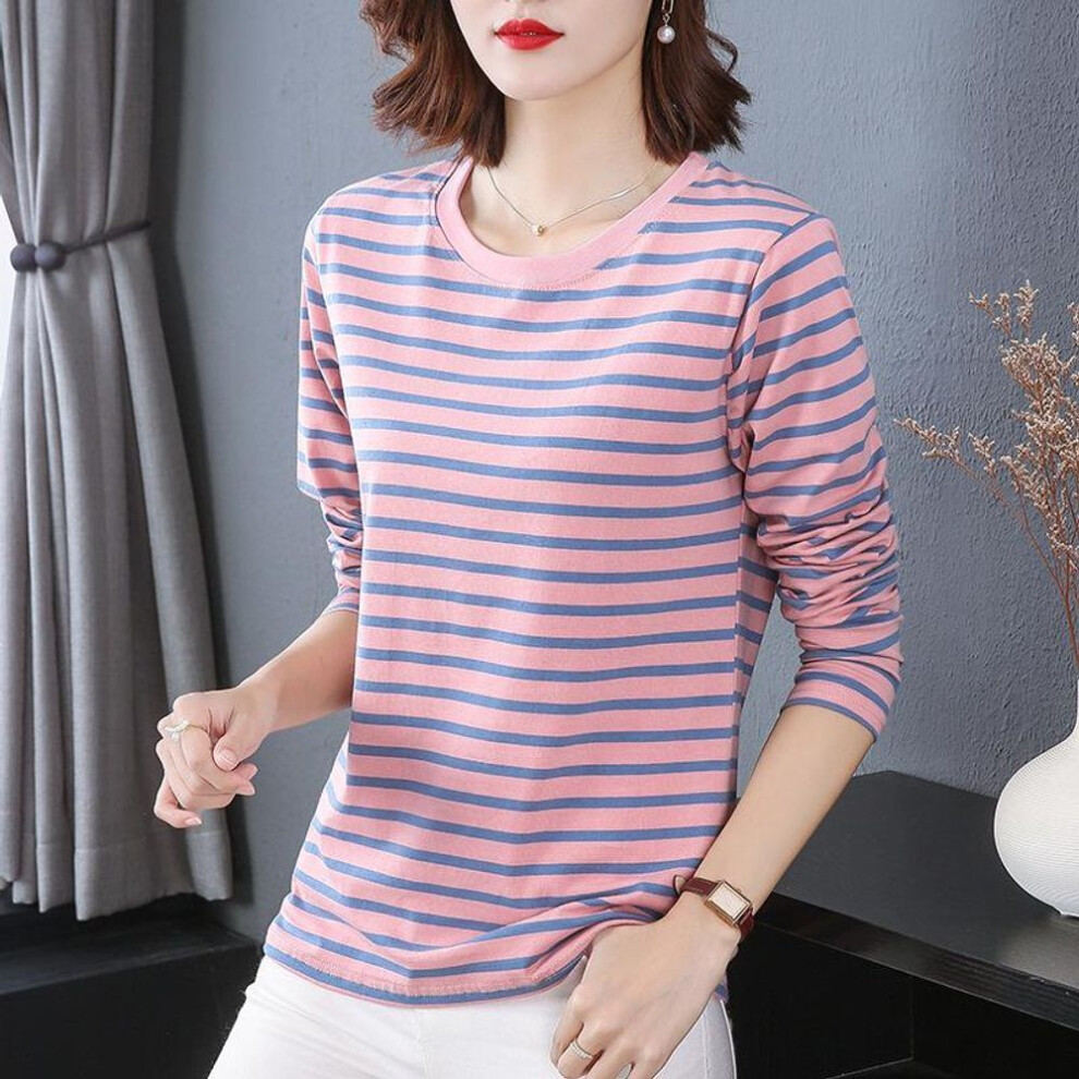 (pink, XL (121-135 jin)) "2024 Korean Autumn Large Size Loose Long-Sleeve Striped Cotton T-Shirt for Women