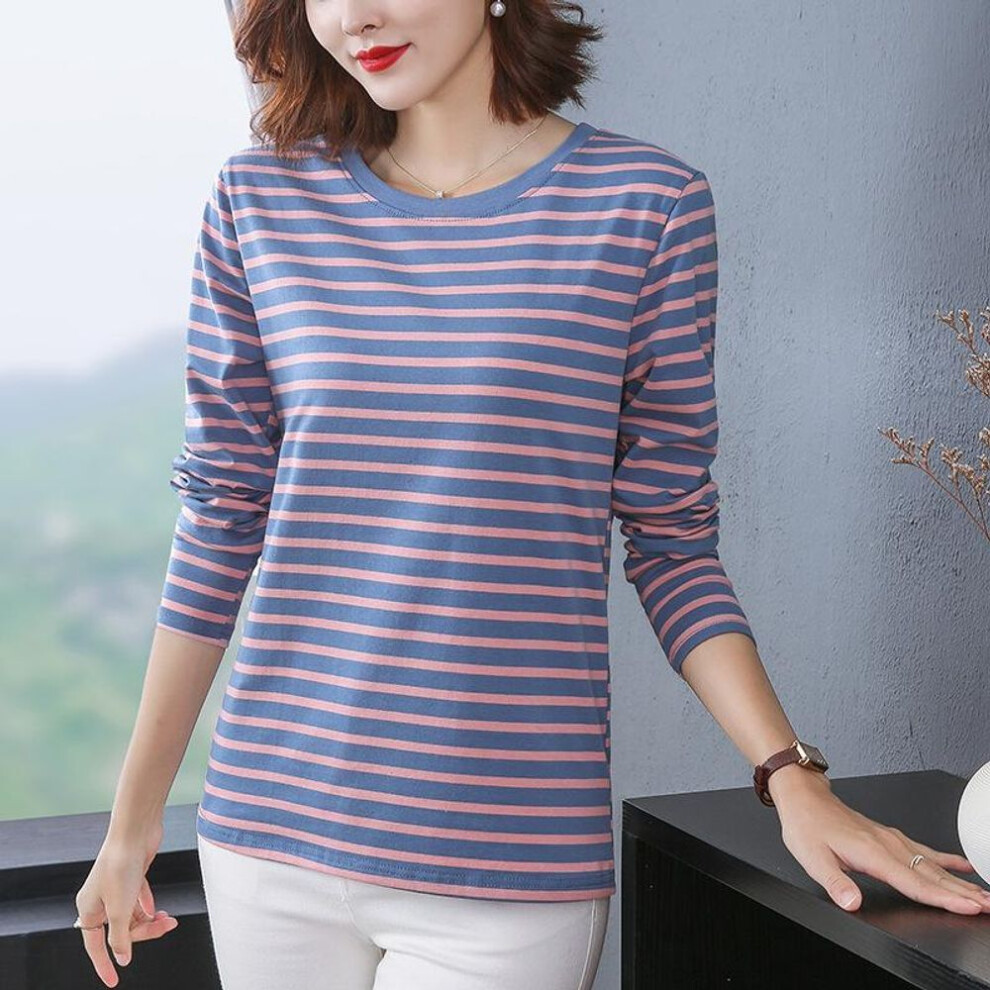 (blue, 3XL (146-160 jin)) "2024 Korean Autumn Large Size Loose Long-Sleeve Striped Cotton T-Shirt for Women