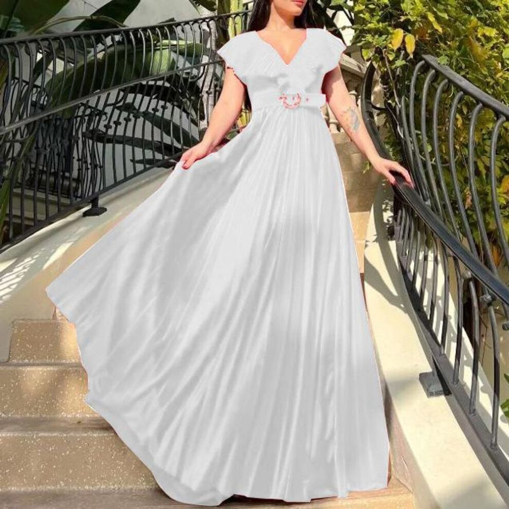 (white, XXXL) D3159P Plus Size V-Neck Pleated Ruffle Long Dress - European & American Style