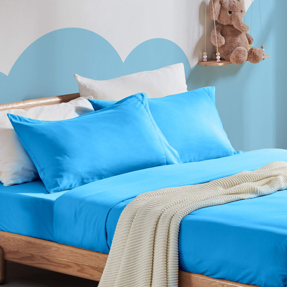 Parure de lit 3 pi  ces pour enfant, taille double, ultra douce et mignonne, avec drap plat, drap-housse et taie d'oreiller (bleu ciel complet).