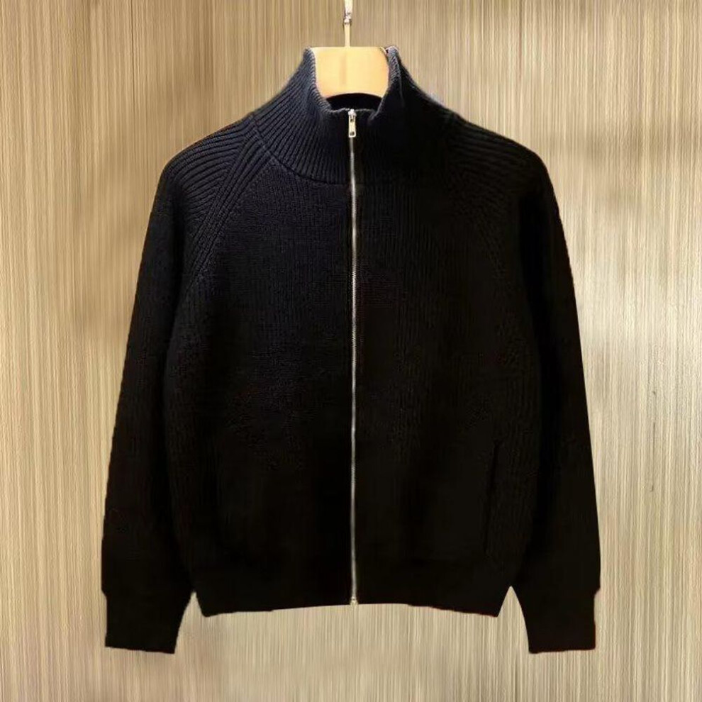 (black, XL) 2024 Men's Korean Style Turtleneck Zipper Cardigan Sweater | Trendy Loose Knit Jacket Top