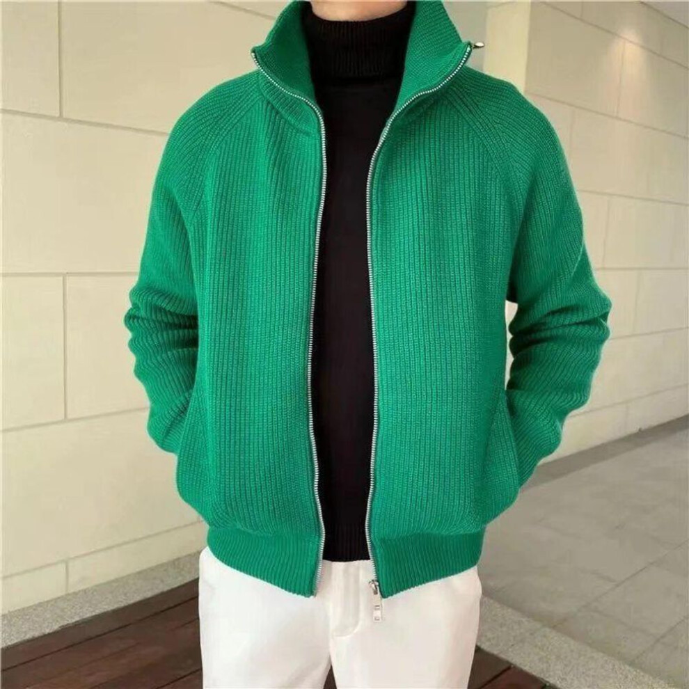 (green, XL) 2024 Men's Korean Style Turtleneck Zipper Cardigan Sweater | Trendy Loose Knit Jacket Top