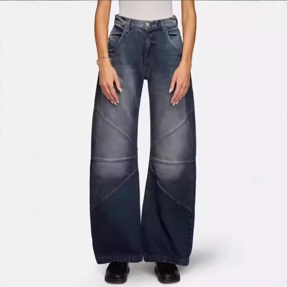 (blue,black, XL) TUME Women's Retro Stitch Washed Casual Denim Pants