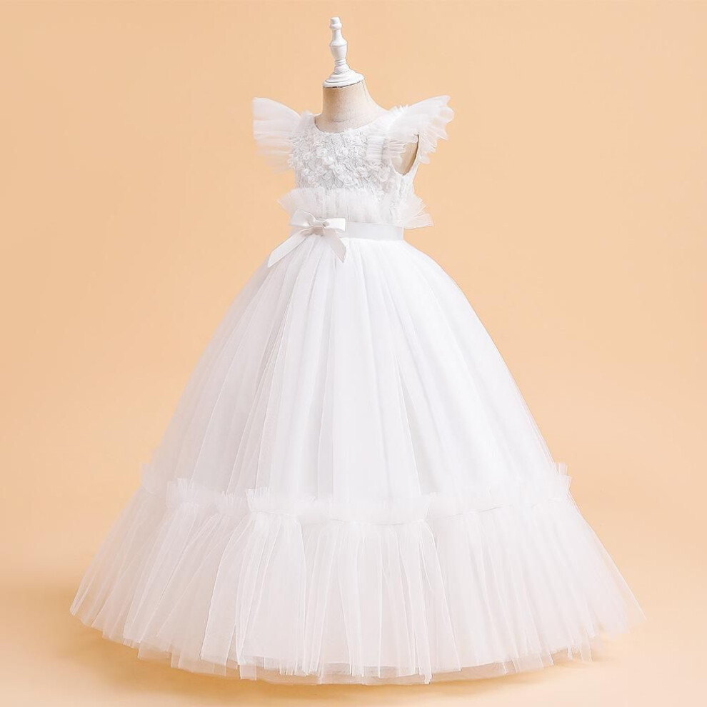 (white, 170cm) European And American-style Children's Mesh Puffy Wedding And Holiday Long Dress With Flutter Sleeves