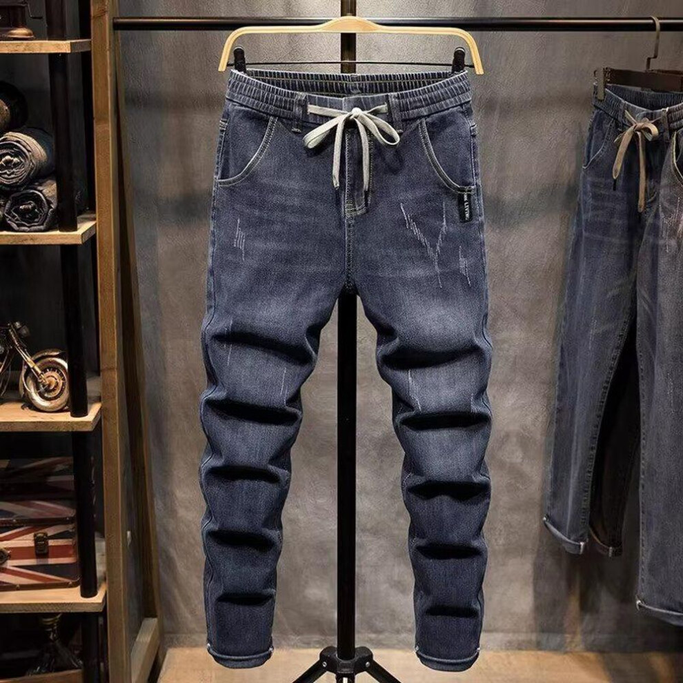 (blue,gray, 36) 2024 Men's Slim-Fit Elastic Waist Jeans - Stylish Straight Leg, Lightweight Drawstring Pants for Spring and Autumn.