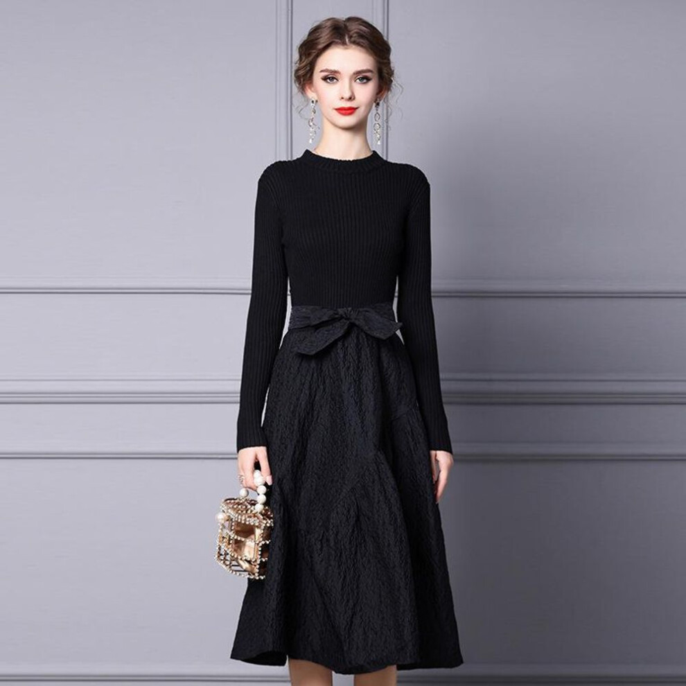 (black, Large) Zhili Women's Black Knitted Sweater Dress - Spring 2025 Collection, Mid-length, Long-sleeved