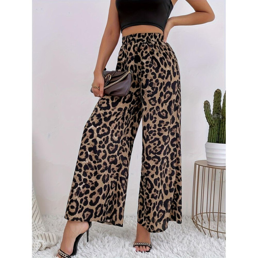 (leopard print, Extra Large) "european & American Women's Classic Leopard Print Wide-leg Elastic Waist Pants