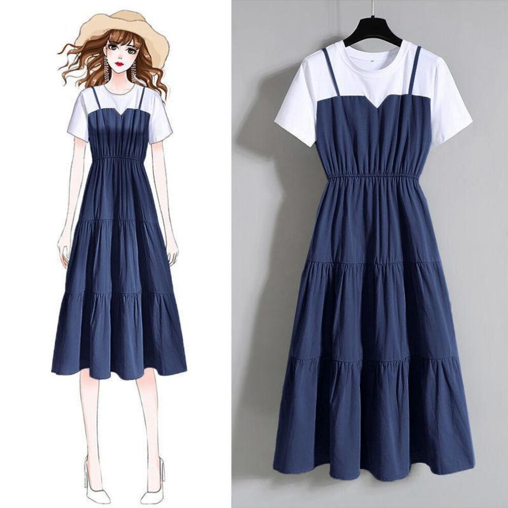 (blue, L) "2025 Summer Plus Size Women's Short-Sleeve Faux Two-Piece Long Skirt Dress