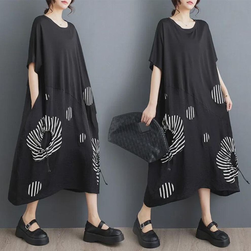 (black, One Size) "2024 Summer Korean Style Loose Fit Women's Spliced Medium-Long Retro Slimming Dress