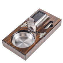 Cigar Foldable Solid Wood Cigar Ashtray Four-in-one Portable Stainless Steel Cigar Cutter Tapper Travel Set