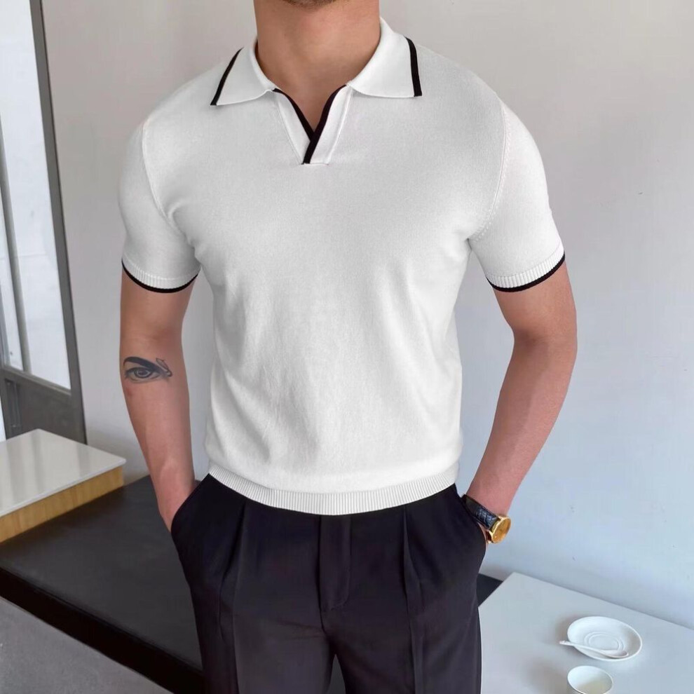 (white, 3XL) Men's Summer Slim Fit Ice Silk Knit Polo Shirt