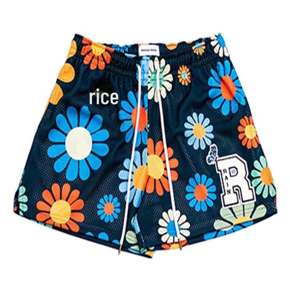 (navy blue, L) "unisex Mesh Quick-dry Flower Print Basketball Shorts - Knee-length