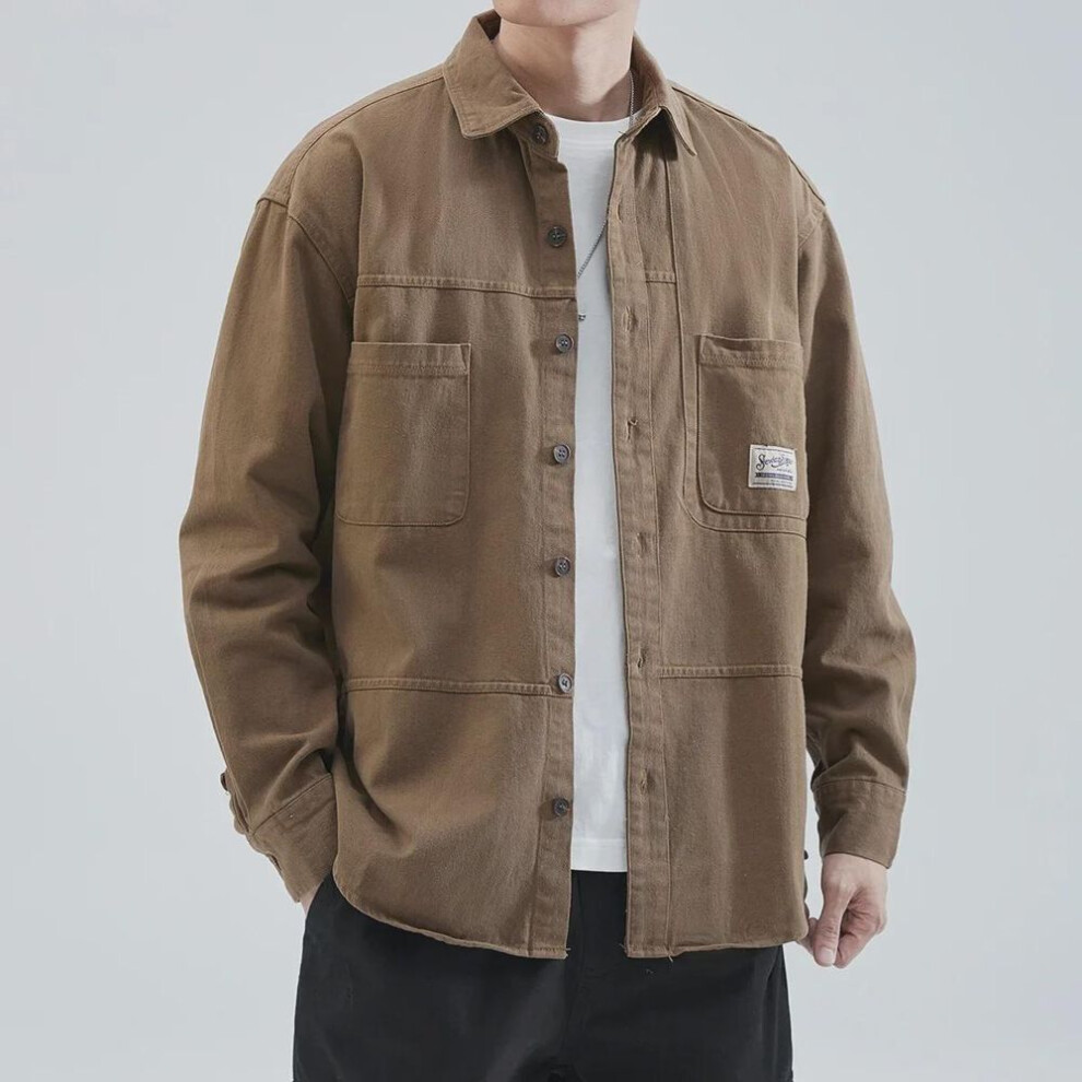 (dark khaki, L recommended for 115–135 jin) Hansca Men's 2023 Spring/Autumn Japanese Loose Casual Long-Sleeve Work Shirt Jacket
