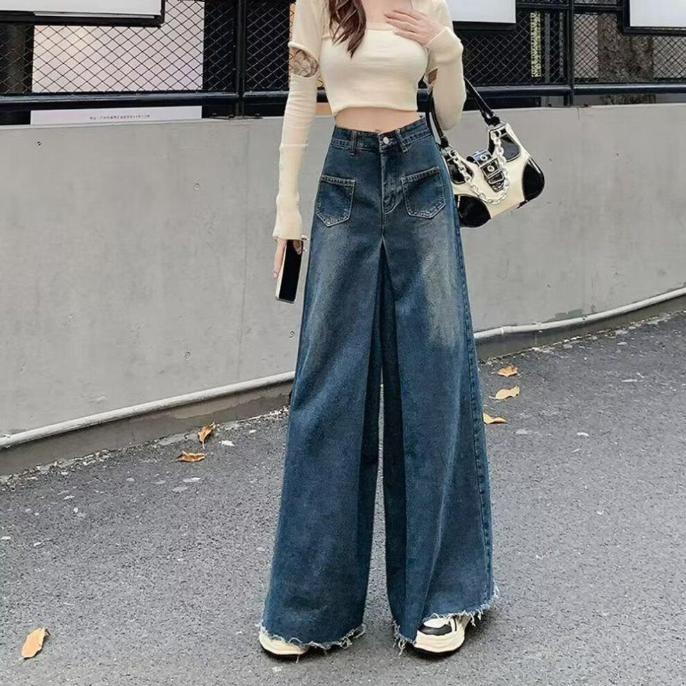 (dark blue, 2XL) Women's Retro High-Waist Wide-Leg Jeans - Summer Loose Fit with Raw Edge Hem