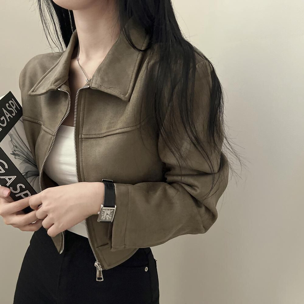 (green, S) Korean Chic Autumn Retro Suede Slim Zipper Lapel Jacket For Women