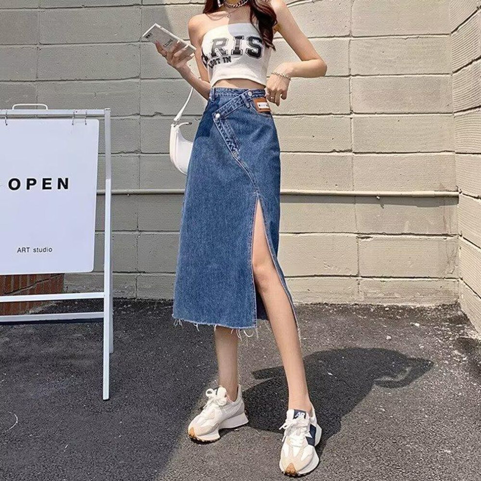 (blue, 5XL) "Women's Summer 2023 High-Waist A-Line Denim Skirt with Side Slit