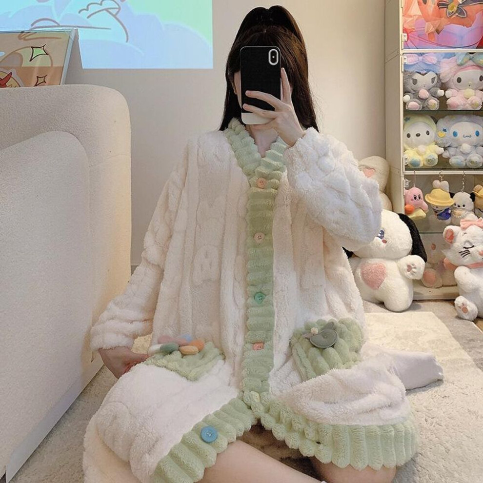 (white, XL) Plush V-Neck Cardigan Nightdress Pajamas for Plus Size Women - Warm Coral Fleece Homewear for Autumn and Winter