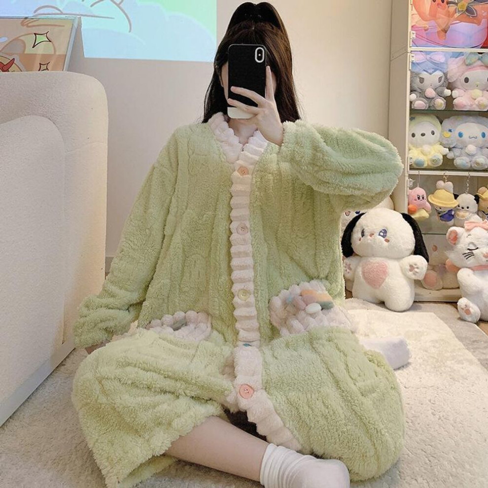 (green, 3XL) Plush V-Neck Cardigan Nightdress Pajamas for Plus Size Women - Warm Coral Fleece Homewear for Autumn and Winter
